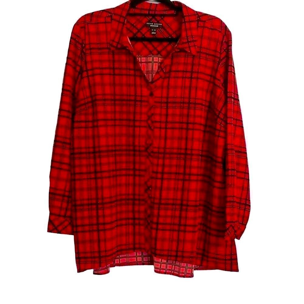 Susan Graver red plaid button up tunic with two on seam pockets size XL Petite